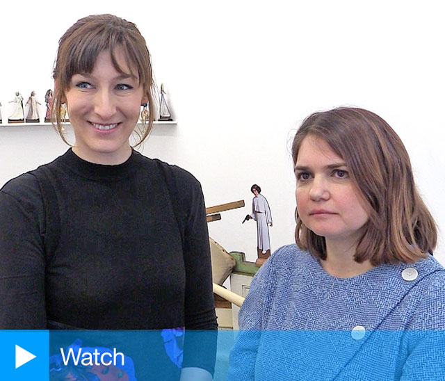 Curators Alexandra Kokoli (right) and Basia Śliwińska talk to Studio International about the exhibition Home Strike at I’étrangère in London, 8 March 2018. Photograph: Martin Kennedy.