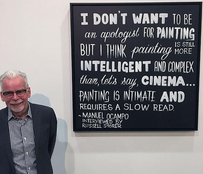 Peter Hill at the opening of Geelong Art Prize 2016, with his painting In Advance of the Concept Painting, 2016, a tribute to Duchamp’s In Advance of the Broken Arm. 100 x 100 cm.