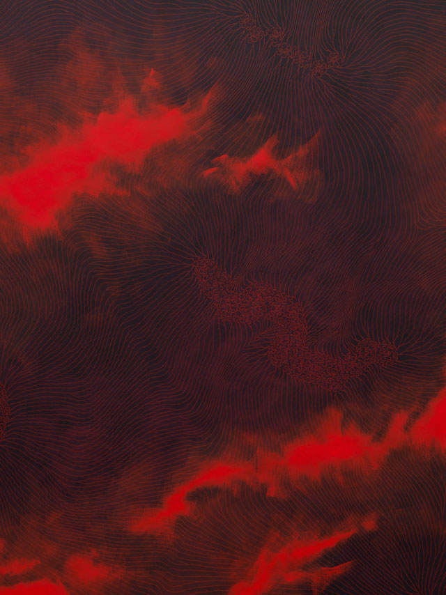 Shirazeh Houshiary. Genesis, 2016 (detail). Pigment and pencil on black aquacryl on aluminium, 74 3/4 x 212 5/8 in (190 x 540 cm). © Shirazeh Houshiary; Courtesy Lisson Gallery.