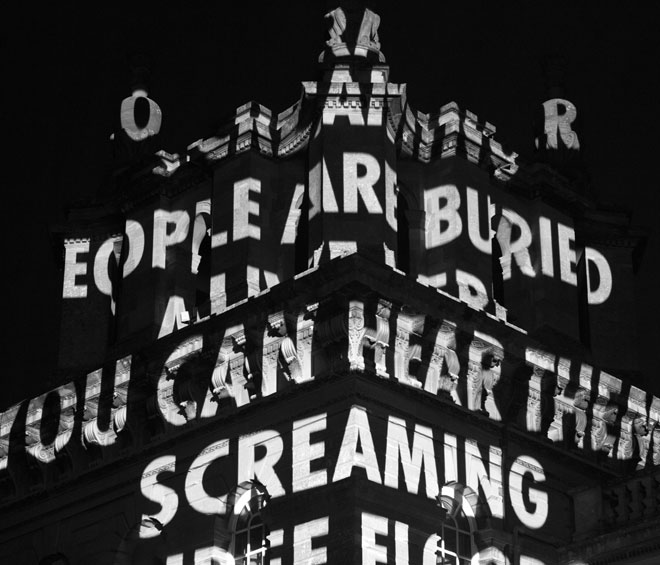 Jenny Holzer. On War, 2017. Text: A Scream From Underground, from Building The Barricade by Anna Swirszczynska, translated by Piotr Florczyk. Translation copyright © 2016. Published by Tavern Books. Used by permission of Ludmila Adamska-Orłowska and the translator. © 2017 Jenny Holzer, member Artists Rights Society (ARS), NY. Photograph: Samuel Keyte.