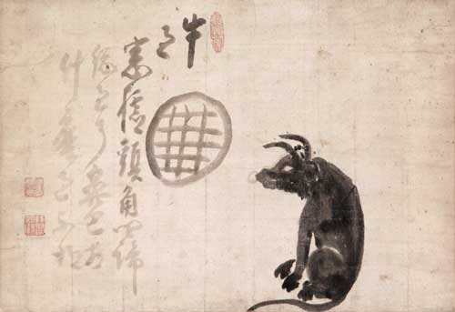 Hakuin Ekaku, Ox and Window. Ink on paper, 17.3 x 23.4 inches. Ginshu Collection. Photo: Maggie Nimkin.