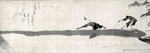 Hakuin Ekaku, Two Blind Men on a Bridge. Ink on paper, 11 x 33 inches. Man’yo-an Collection.