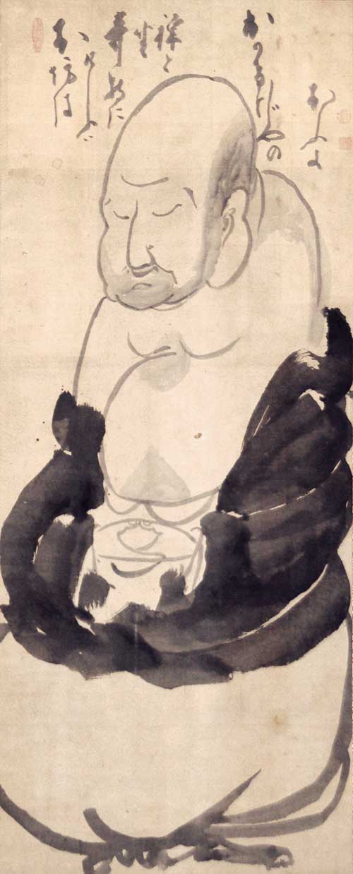 Hakuin Ekaku, Hotei Meditating. Ink on paper, 48.7 x 19.8 inches. Ginshu Collection. Photo: Maggie Nimkin.