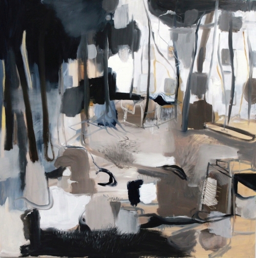 Jonn Herschend. Installation detail, The Book You Said I Never Returned, “Forest Office Proposal, Painting,” 2011. Oil on canvas, 48 x 48 in. Courtesy of the artist.