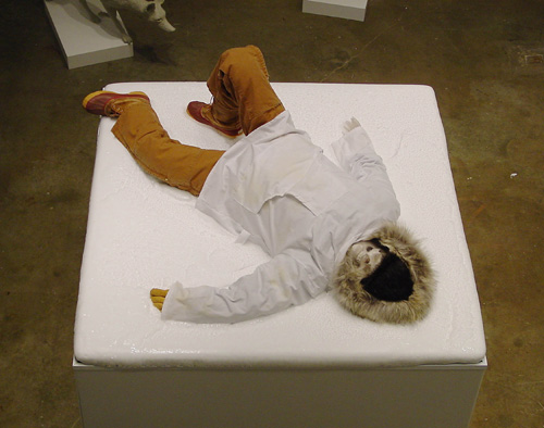 Michael Joo.
God II 2003.
Cast urethane over
polyethylene plastic skeleton, cotton, leather, seal, wolf, wolverine, rubber,
Plexiglas base with refrigerated top surface
101.6 x 154.9 x 154.9
cm
. Murderme Ltd, London
© 2006 Michael Joo