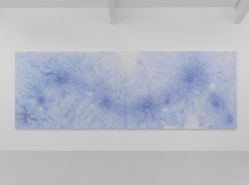Shirazeh Houshiary. A Deluge, 2015. Pencil and pigment on white aquacryl on canvas and aluminium, 190 x 540 cm (190 x 270 cm each). © the artist. Courtesy Lisson Gallery, London.
