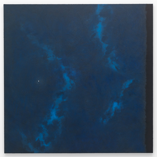 Shirazeh Houshiary. Dying Light, 2014. Pencil and pigment on black aquacryl on canvas and aluminium, 190 x 190 cm. © the artist. Courtesy Lisson Gallery, London.