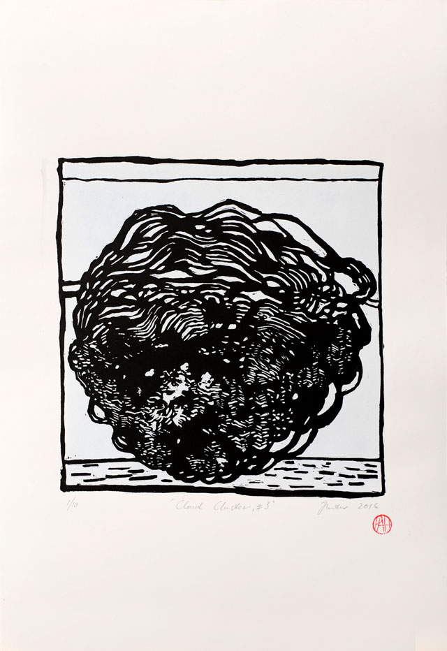 Philip Hunter. Cloud Cluster no. 3, 2016. Hand coloured linocut, sheet size: 55.5 x 38 cm. Edition: 10. Copyright the artist. Courtesy Sophie Gannon Gallery.