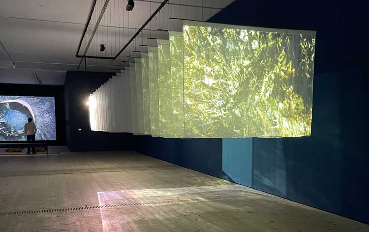 Saodat Ismailova, As We Fade, 2024, projected onto 24 panels of silk gauze, installation view, Baltic Centre for Contemporary Art, Gateshead, 8 November 2025 – 7 June 2026. Photo: Veronica Simpson.