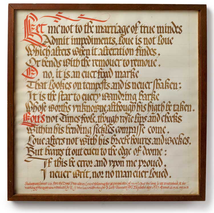 Edward Johnston, Shakespeare's Sonnet CXVI 1927 (used as book cover). Collection of Ditchling Museum of Art + Craft. Photo: Sara Morris.