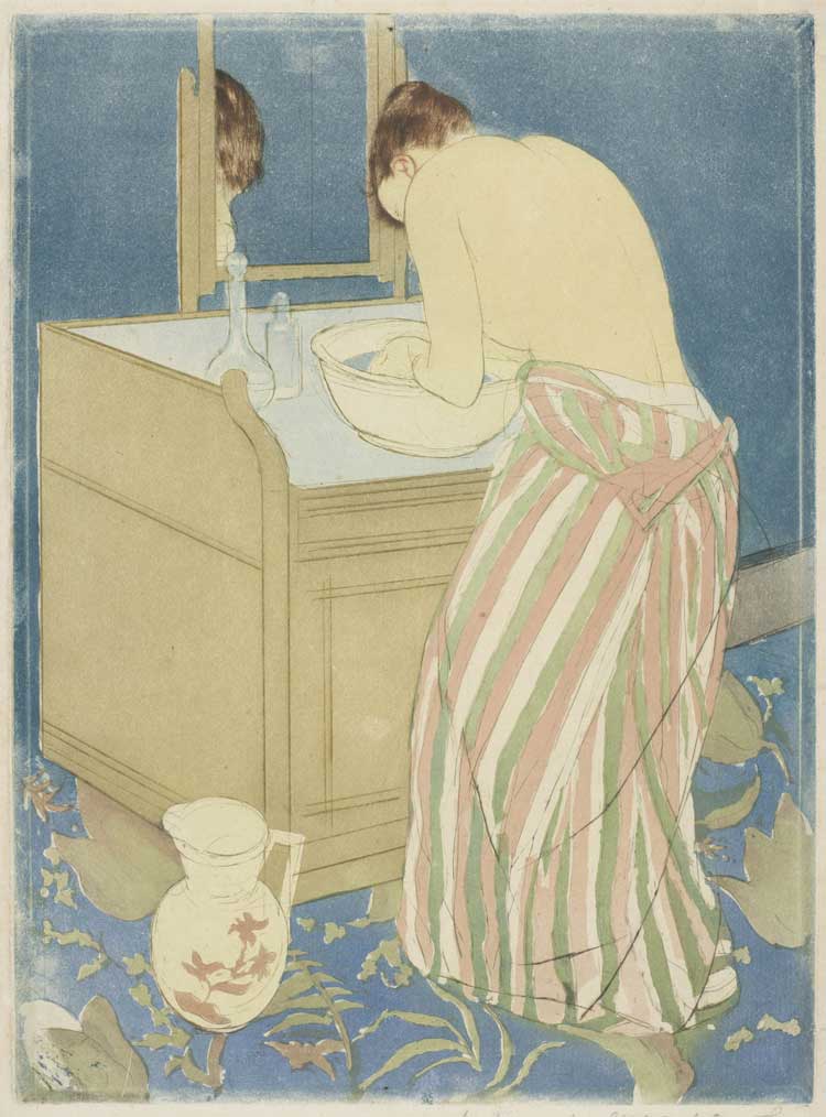 Mary Cassatt, Woman Bathing from the print series The Ten, 1890-91. Drypoint, etching and aquatint in colour on paper, 43.5 × 30.1 cm. Van Gogh Museum, Amsterdam,