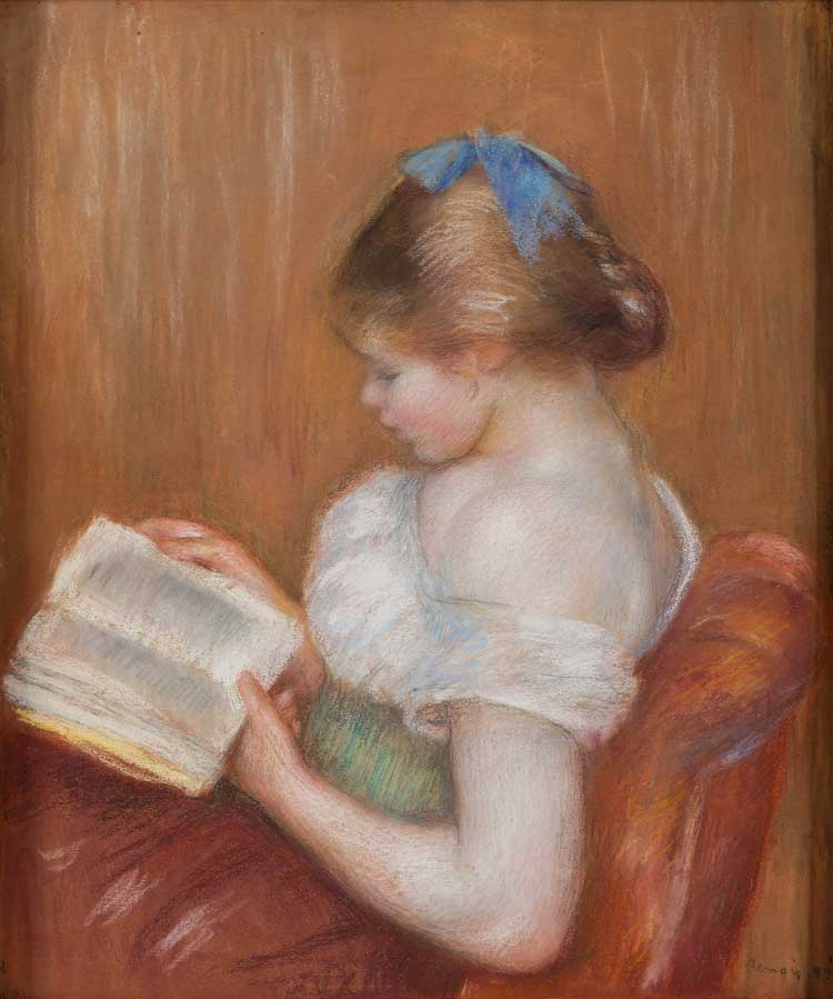 Pierre-Auguste Renoir, Young Girl Reading (Jeune femme lisant), 1889. Pastel on paper, 63 × 52.5 cm. John & Marine van Vlissingen Fine Arts.
