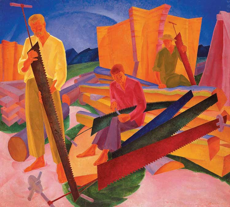 Oleksandr Bohomazov, Sharpening the Saws, 1927. Oil on canvas, 138 x 155 cm. National Art Museum of Ukraine.