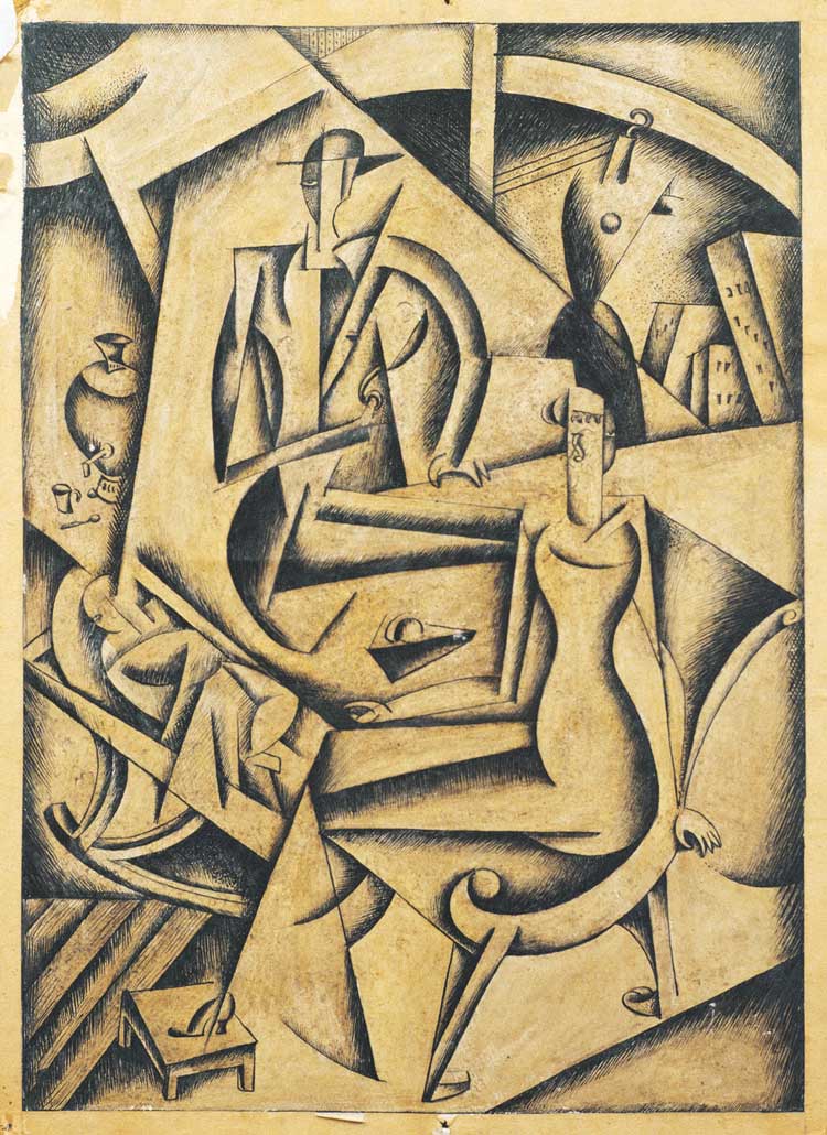 Marko Epshtein, The Tailor’s Family, c1920. Indian ink and watercolour on paper pasted on cardboard, 46.5 x 32.5 cm. National Art Museum of Ukraine.