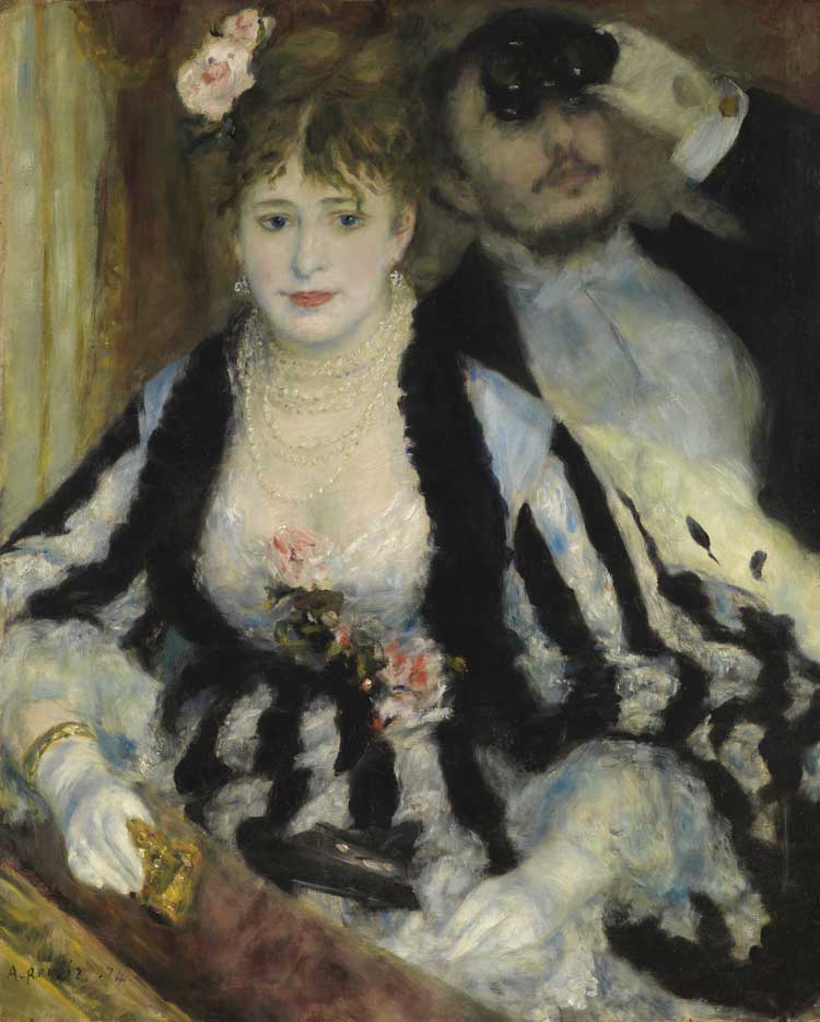 Auguste Renoir. La Loge, 1874. Oil on canvas, 80 × 63.5 cm. The Courtauld (Samuel Courtauld Trust), London. Photo © The Courtauld/Bridgeman Images.