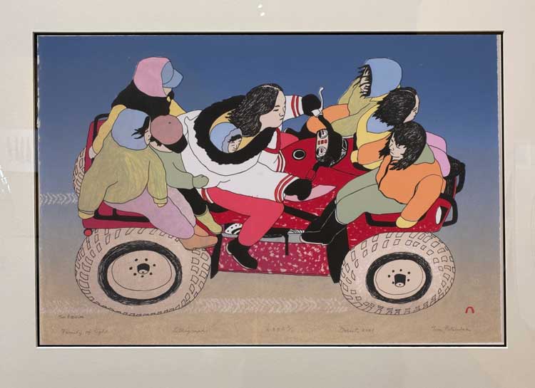 Tim Pitsiulak. Family of Eight, 2008. Lithograph on wove paper, 38 x 56.3 cm. Installation view, Indigenous Histories, Kode Bergen Art Gallery, Norway, 2024. Photo: Veronica Simpson.