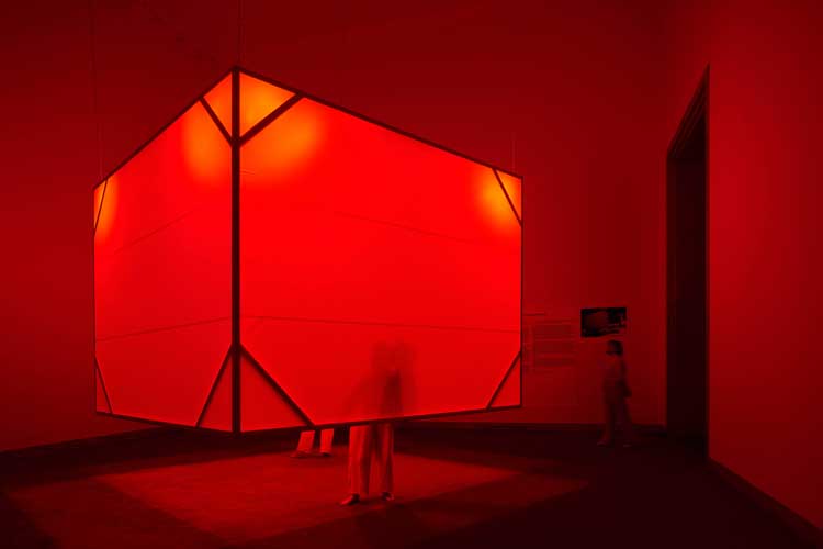 Tsuruko Yamazaki. Red (Shape of Mosquito Net), 1956. Vinyl, wood, metal fixture, wires, bolts, light bulbs, 360 x 360 x 270 cm. Installation view Haus der Kunst, 2023. Photo: Agostino Osio.