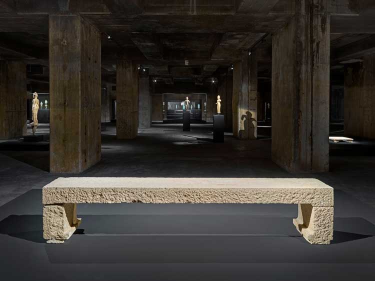 Installation view of The Feuerle Collection. Garden Stone Bench, Ming Dynasty, China, 16th–17th century, limestone. Photo: def image © The Feuerle Collection.