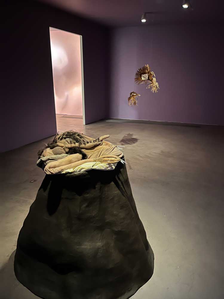 Ingela Ihrman, Oilbird cave with 'nestling' glove puppet on plinth. Installation view, Nocturne, Gasworks, London, 2023. Photo: Veronica Simpson.