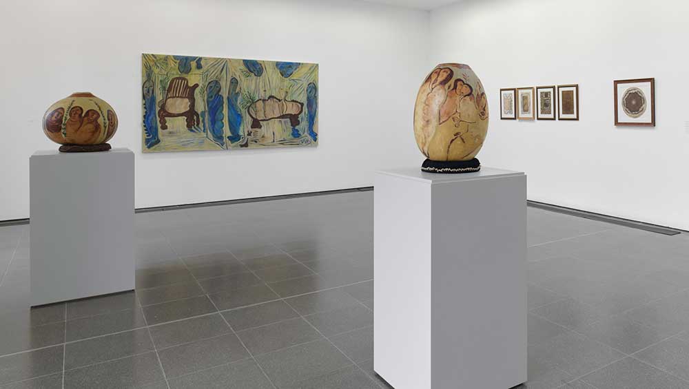 Kamala Ibrahim Ishag, Composition, 2016. Oil on Calabash-ball surface, 50 x 45 x 45 cm. Installation view, Serpentine Galleries, London. Photo: Veronica Simpson.