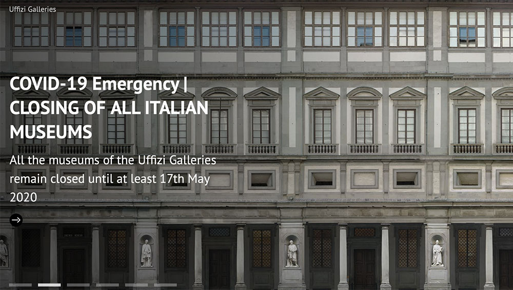 Uffizi, Florence, website homepage, screenshot captured 15 May 2020.