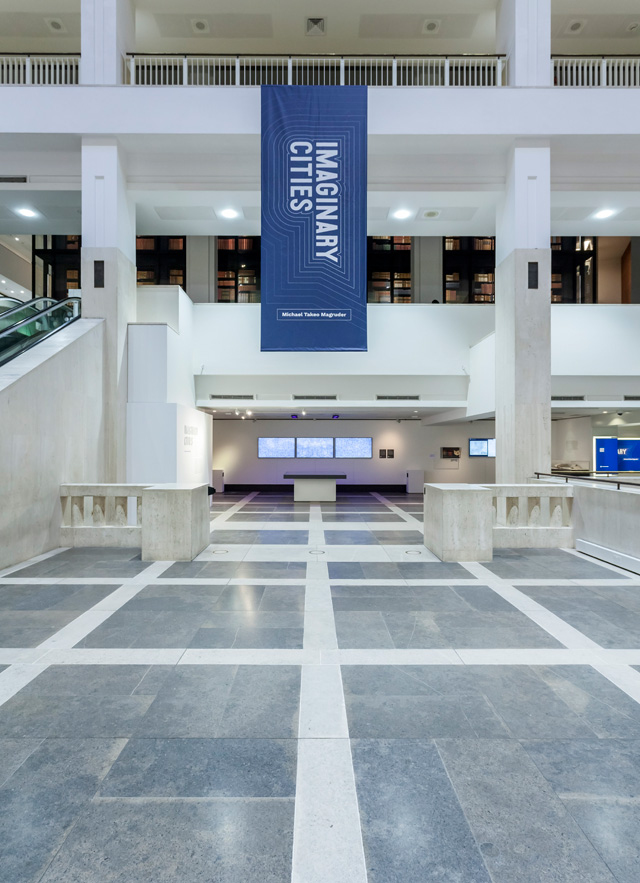 Installation view of Michael Takeo Magruder, Imaginery Cities at the British Library. Photo: David Steele © Michael Takeo Magruder.