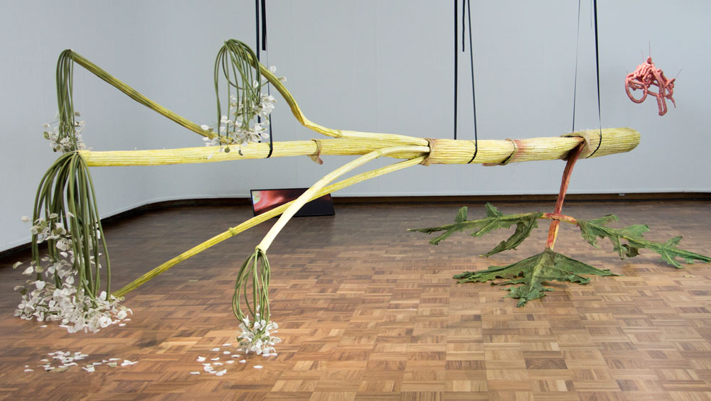 Ingela Ihrman. The Giant Hogweed, 2016. Paper, reed, glue, textile, spray paint, plastic, nylon string, ratchet strap. Courtesy Cooper Gallery, DJCAD and Ingela Ihrman.