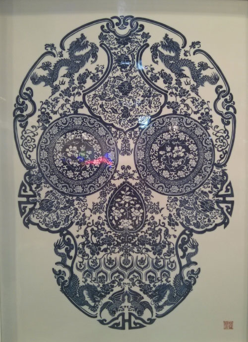 Jacky Tsai. Porcelain Skull, 2014. Handpainted blue and white porcelain, 93 x 73 cm (36.6 x 28.7 in).