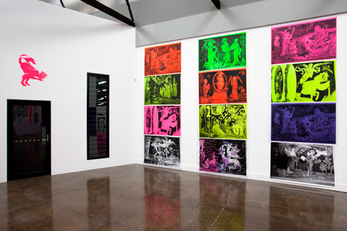 Irene Barberis. Apocalypse Posters: interventions into the 'Angers Tapestry', … birds will eat the flesh of kings … ( Revelation 19 17, 18), 2012. Fluorescent oil based printing ink, printed on BFK Poster paper, 1 of 5, 70 x 90 cm.
Photograph: Mark Ashkanasy.