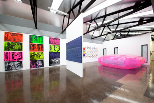 Irene Barberis. Installation view at Gallery Langford120. Slow Release, 2007. Welded Polyvinyl Chloride, handwritten marker texts, pumped air and artist's breath, 5 x 6 x 1.5 metres.
Photograph: Mark Ashkanasy.