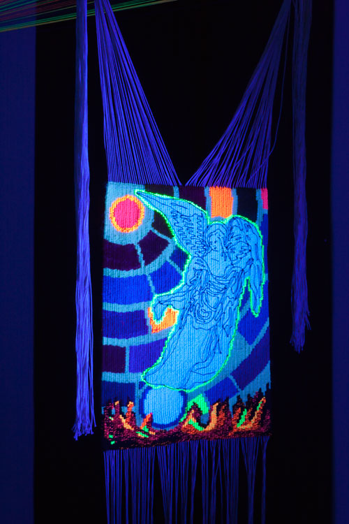 Dr Irene Barberis, Professor David Mainwarring, Emeritus Professor Michelle P Brown, Professor Bernard Muir. The Tapestry of Light of Light Project: The Art and Science of Illumination, 2012. Designed by Irene Barberis, woven at the Australian Tapestestry Workshop, sampler of phosphorescent and fluorescent tapestry woven by The Australian Tapestry Workshop. (Reference: Angers Tapestry).
Photograph: Mark Ashkanasy.