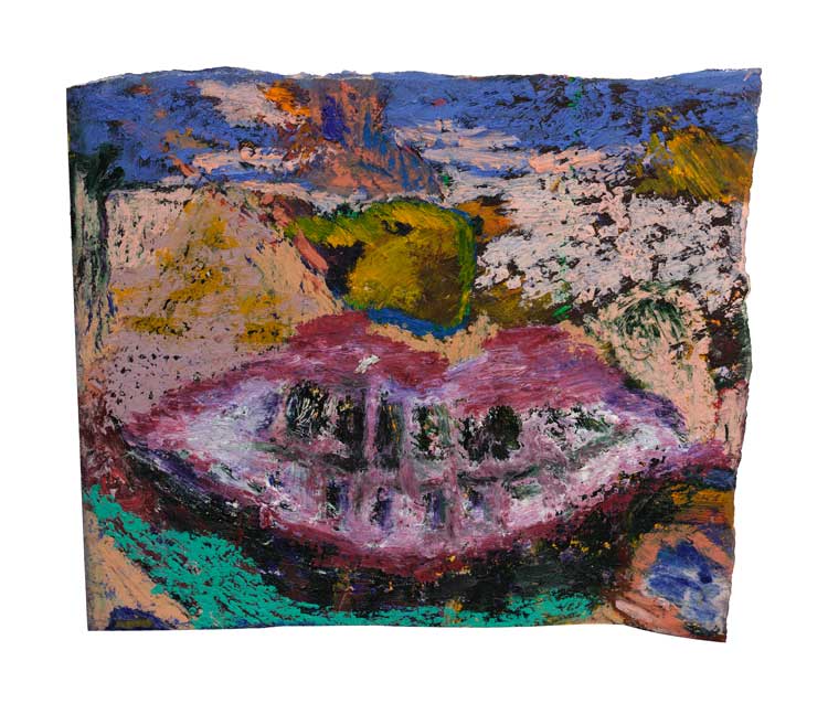 Rachel Jones, Gated Canyons, 2024. Oil stick and oil pastel on paper, 25.5 x 31 cm. Courtesy of the artist. Photo: Eva Herzog.