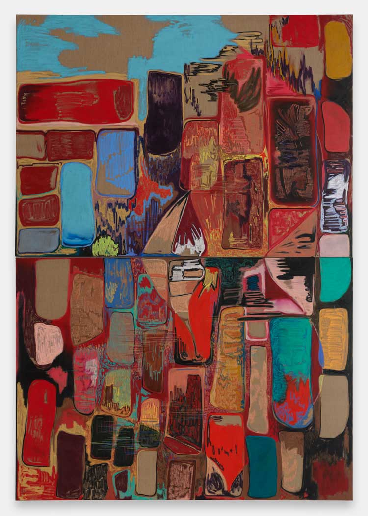 Rachel Jones, Gated Canyons, 2024. Oil stick and oil pastel
on stretched linen, 360 x 250 x 3.5 cm. Courtesy of the artist. Photo: Eva Herzog.
