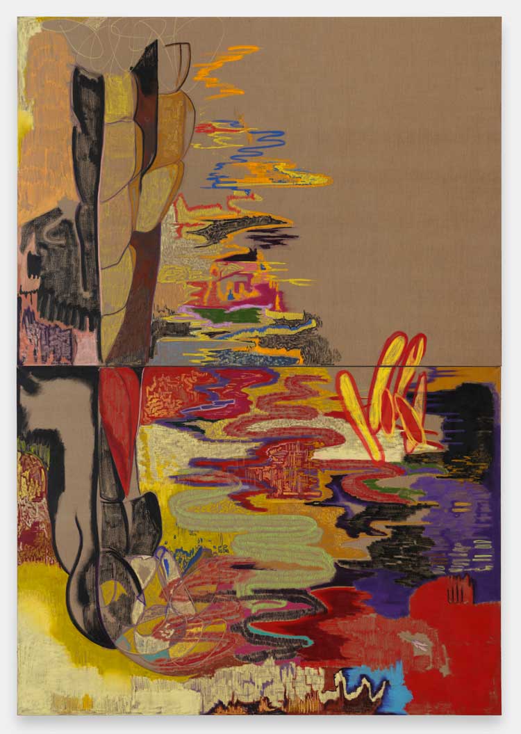 Rachel Jones, Gated Canyons, 2024. Oil stick and oil pastel on stretched linen, 360 x 250 x 3.5 cm. Courtesy of the artist. Photo: Eva Herzog.