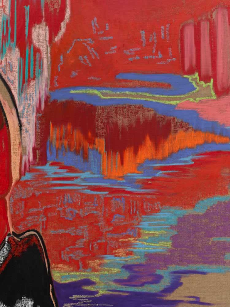 Rachel Jones, Gated Canyons (detail). 2024. Oil stick and oil
pastel on stretched linen. Courtesy of the artist. Photo: Eva Herzog.