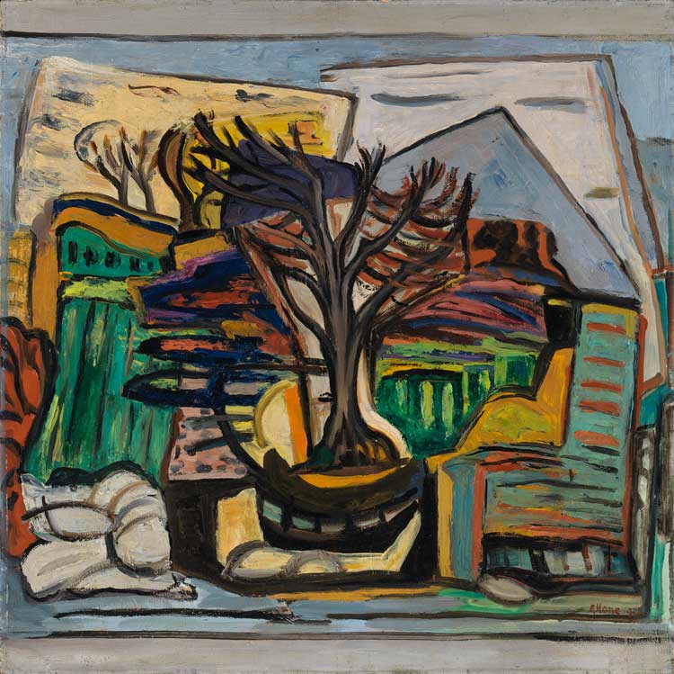 Evie Hone. A Landscape with a Tree, 1943. Oil on board, 69 x 69 cm. © Geraldine Hone, Kate Hone and the FNCI. Photo, National Gallery of Ireland.