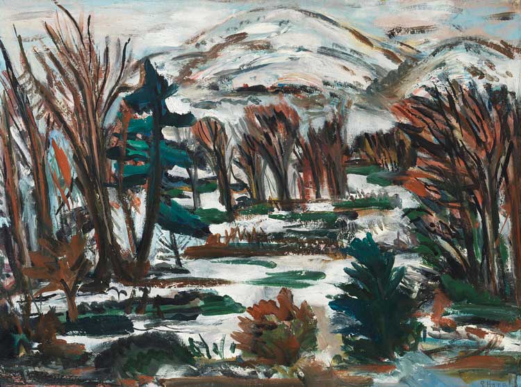 Evie Hone. Snow at Marley. Oil on board, 37 x 49 cm. © Geraldine Hone, Kate Hone and the FNCI. Photo, National Gallery of Ireland.