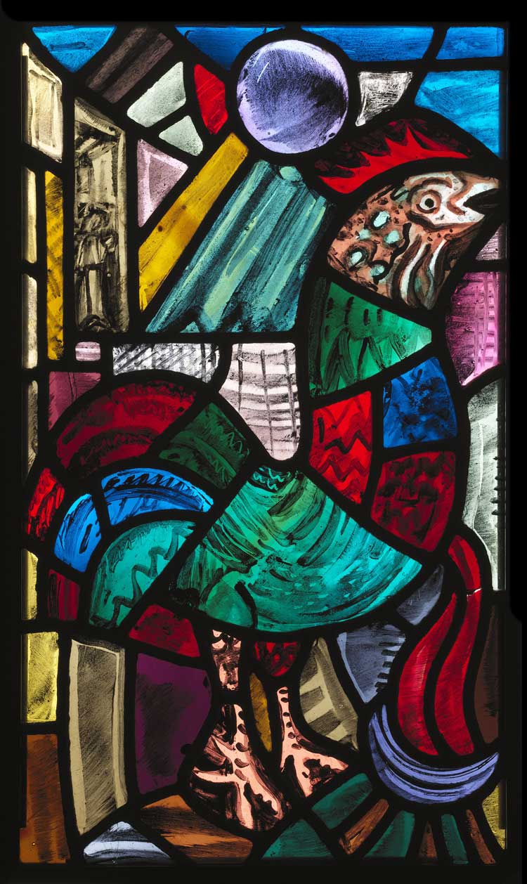 Evie Hone. The Cock and Pot, commonly known as The Betrayal, c1947. Stained glass, 55.5 x 32.8 cm. © Geraldine Hone, Kate Hone and the FNCI. Photo © National Gallery of Ireland.