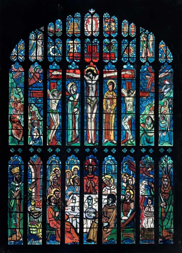 Evie Hone. The Crucifixion (top), Melchizedek, the Last Supper and the Sacrifice of Isaac (bottom), (for the East window, Eton College Chapel, Berkshire, 1952), 1950. © Geraldine Hone, Kate Hone and the FNCI. Photo, National Gallery of Ireland.
