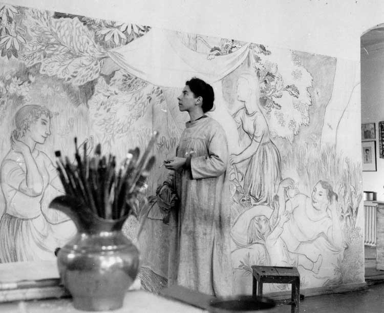 Tove Jansson and a full-scale sketch for the Party in the Countryside fresco, 1947. Moomin Characters Collection. © Tove Jansson Estate.
