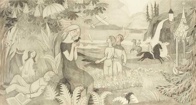 Tove Jansson: Sketch for the Bird Blue mural, 1953. Commision for the canteen at Kila Swedish-language elementary school (today Karjaa co-educational school). Private collection. © Tove Jansson Estate. Photo: HAM / Kirsi Halkola.