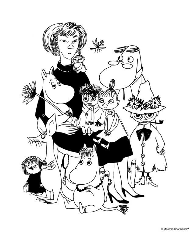 Tove Jansson's self portrait with the Moomins. © Moomin Characters.