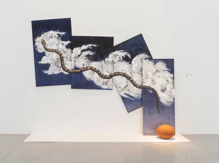 Gavin Jantjes. Untitled, 1989. Acrylic on four canvases and ceramic egg, 300 × 304 × 56 cm. Courtesy the artist. Image courtesy the artist. Photo: Ann Purkis. © Gavin Jantjes, licensed by DACS.