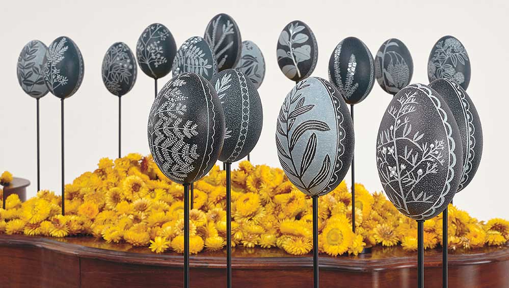 Jonathan Jones. Untitled (emu eggs) after Étienne-Pierre Ventenat, 2021–23. Emu (Dromaius novaehollandiae) eggshell, powder-coated steel, golden everlasting paperdaisy (Xerochrysum bracteatum) flowers, dimensions variable. Courtesy the artist. Photo: Jenni Carter.