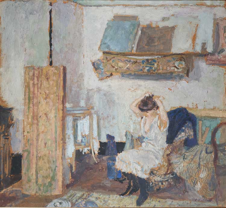 Édouard Vuillard, Model seated in a chair, combing her hair, c1903. Oil on paper on board, Pallant House Gallery.