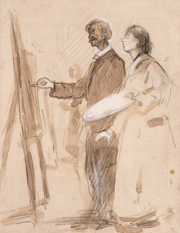 Augustus John, Frederick Brown and Gwen John at an Easel, c1895-8. Pencil and wash on paper, heightened with white. Private Collection.