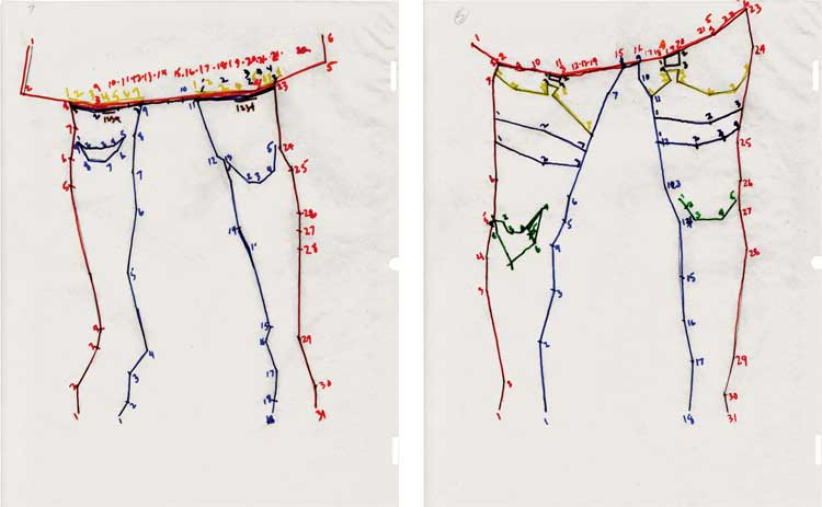 Rebecca Allen. Preparatory drawings for Girl Lifts Skirt, 1974. Graphite and marker on paper, each varying from 10 × 8 1/2 to 10 ⅞ × 8 ⅞ in (25.4 × 21.6 cm to 27.6 × 22.5 cm). Rebecca Allen, Los Angeles, and courtesy ZELDA Art Ltd, Birmingham, UK.
