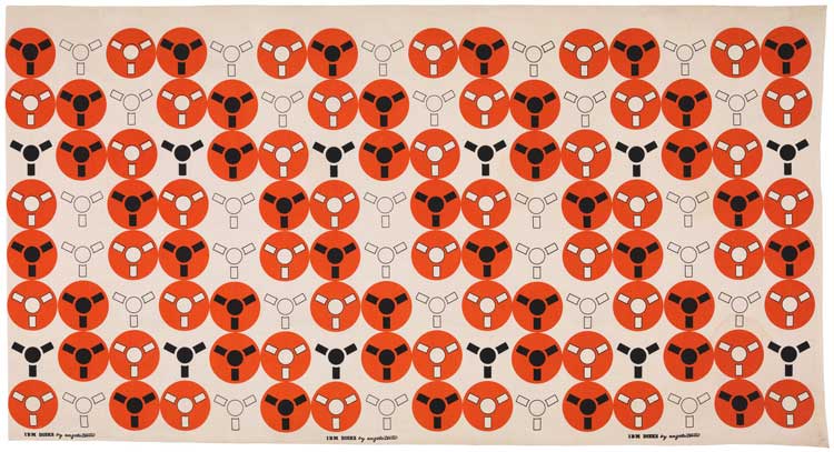 Angelo Testa. IBM Disks textile, 1952–56 (detail). Linen plain weave, screenprinted, 104 ¾ × 51 ¾ in (266.1 × 131.4 cm). Los Angeles County Museum of Art.