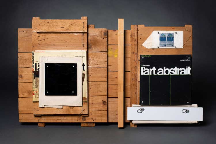Randy Williams. L’art abstrait. 1977. Wood, canvas, book, book cover, plexiglass, wire, metal bolts, and lottery ticket, 24 × 41 × 5 in. (61 × 104.1 × 12.7 cm). Courtesy the artist. Photo: Mark Liflander.