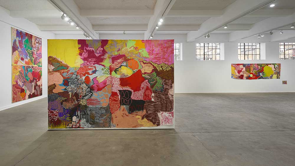 Rachel Jones, say cheeeeese, 2022. Installation view, Chisenhale Gallery, 2022. Commissioned and produced by Chisenhale Gallery, London. Courtesy of the artist. Photo: Andy Keate.